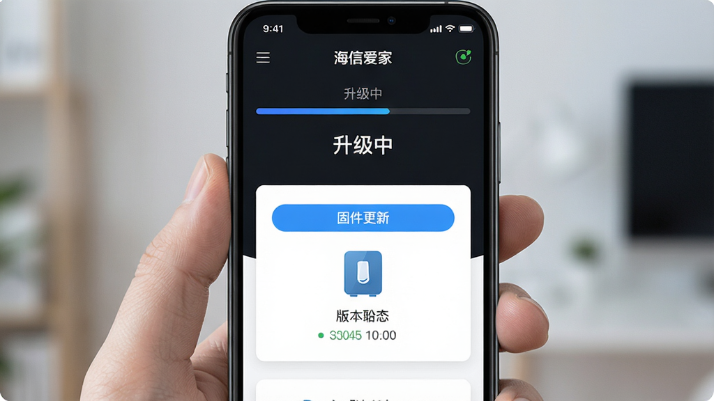 ��������Ϊ�ֻ���Ļ��ʾ���Ű���APP�Ĺ̼�����ҳ�棬��Ļ�Ϸ��н������롰�����С��������·����豸ͼ����汾����Ϣ�����ֲ��ô�ֱ��Ƭʽ���У����Ϊ����Ƽ��磬ϸ�ڰ�����ɫ������ť��״̬ͼ�꣬���������ɾ������������ֱ�ע�����Ű��ҡ��롰�̼����¡�