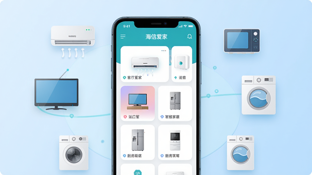 ��������һ�������ֻ�����չʾ���Ű���APP�����棬�������п����յ������ҵ��ӡ�����������豸��Ƭ�������У��ֻ���Χ�����ſյ������ӡ�ϴ�»��ȼҵ�ı�ƽ��ͼ�꣬����Ϊǳ��ɫ���䣬���ֲ������ĶԳ�ʽ�����Ϊ�ִ��Ƽ��廭��ϸ�ڰ�����͵���Ӱ��Բ�ǿ�Ƭ�����������ɾ����޶���Ԫ�أ����������ֱ�ע�����Ű��ҡ��롰���ܼҾӡ�