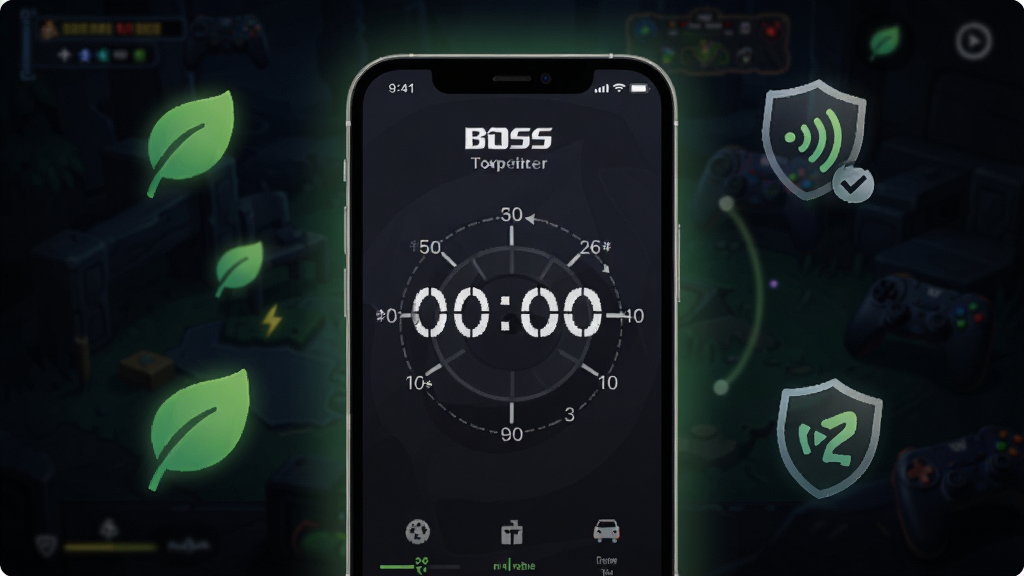 BOSS��ʱ���������е͹�������ʾ��ͼ����������Ϊһ�������ֻ�����Ļ��ʾ��ʱ�����н��棬����Ϊ��ɫ��Ϸ�������ֻ���Χ�д����͹��ĵ���ɫҶƬͼ����ź�����ͼ�꣬���Ϊ�Ƽ��廭�磬ϸ�ڰ�����͹��κͼ�����������ʸ���ɾ��޶���Ԫ��