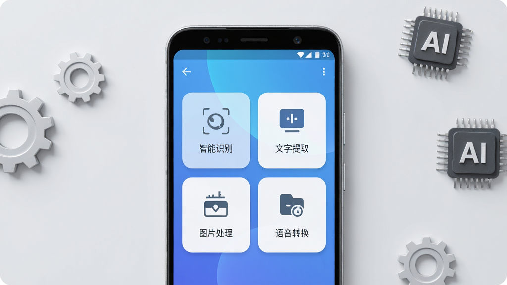 DS-AI智能工具箱主界面展示图,画面中央是一部安卓手机,手机屏幕显示蓝色渐变风格的工具箱首页,首页排列着智能识别、文字提取、图片处理、语音转换四个功能卡片图标,背景是干净的浅灰色桌面,手机旁边散落着几个简约的齿轮和AI芯片元素,整体风格科技简洁,布局居中对称,画质清晰,干净,无多余元素