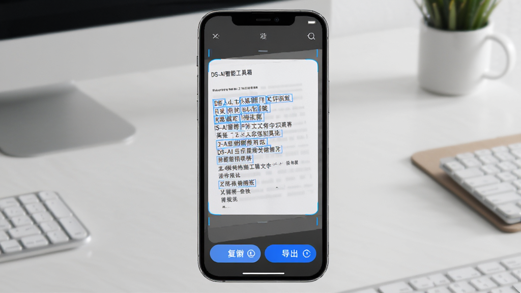 DS-AI智能工具箱文字识别功能界面图,画面展示一部手机屏幕,屏幕上显示一张纸质文档被扫描后文字被蓝色方框圈出并转换为可编辑文本的过程,手机下方有复制和导出按钮,背景是整洁的办公桌面,风格写实科技感,画质清晰,干净,无多余元素
