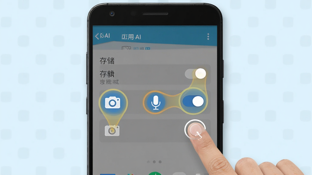 DS-AI智能工具箱安装权限设置示意图,画面展示一部安卓手机屏幕,屏幕上显示应用权限管理界面,存储、相机、麦克风三个权限开关被高亮标注,旁边有手指点击的示意,背景为浅色手机桌面,风格简洁直观,画质清晰,干净,无多余元素