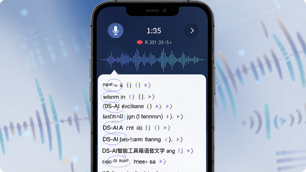 DS-AI智能工具箱语音转文字功能界面图,画面展示手机屏幕上一段声波正在被转换为文字段落,屏幕上方有麦克风图标和录音时长显示,下方是逐句生成的文字内容,背景为深蓝色渐变科技风格,画质清晰,干净,无多余元素