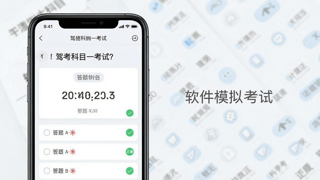 一张展示“驾考科目一考试”软件模拟考试界面的预览图,主体为手机屏幕显示考试倒计时和答题卡,布局上方为题目下方为选项,排版规整,风格为清爽浅色系,细节包含红色错误标记和绿色正确标记,画质高清,干净,无多余元素