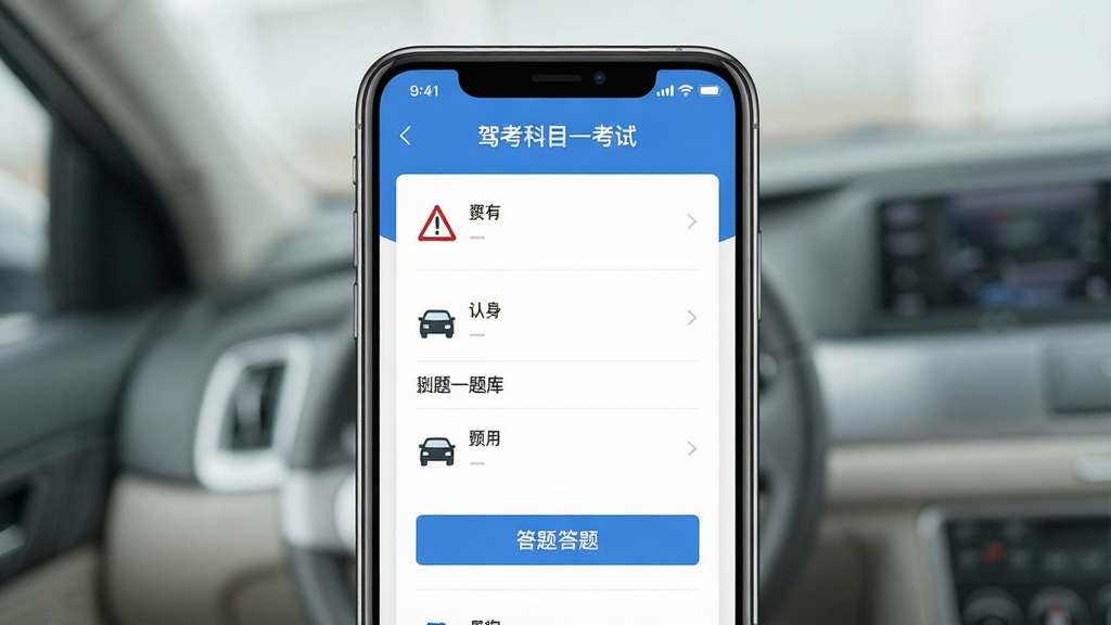 一张展示“驾考科目一考试”软件主界面的预览图,主体为手机屏幕显示科目一题库分类列表,布局居中,排版清晰,风格为现代扁平化设计,细节包含交通图标和答题按钮,画质高清,干净,无多余元素