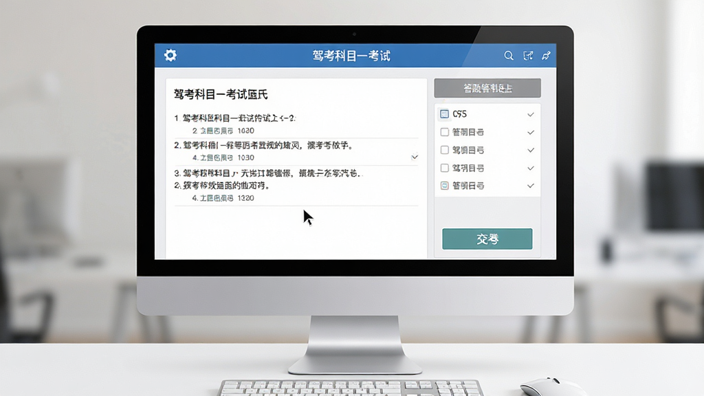 一张展示“驾考科目一考试”软件在电脑端模拟操作界面的预览图,主体为电脑屏幕显示考试答题页面,布局为左侧题目右侧答题卡,排版清晰,风格为简约商务,细节包含鼠标指针和交卷按钮,画质高清,干净,无多余元素