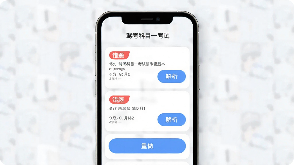 一张展示“驾考科目一考试”软件错题本功能的预览图,主体为手机屏幕显示错题列表和重做按钮,布局为上下结构,排版简洁,风格为柔和圆角设计,细节包含红色错题标签和蓝色解析按钮,画质高清,干净,无多余元素