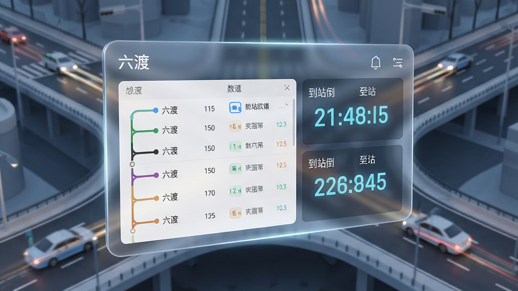 画面主体为一块悬浮的透明信息屏,屏幕上显示“六渡”软件的实时公交界面,包含多条线路列表和到站倒计时数字,背景是抽象的城市道路网格和移动的车辆光点,布局采用上下分层结构,排版清晰直观,风格为轻科技感数据可视化,细节有柔光边缘和数字高亮效果,画质锐利,画面干净,无多余元素