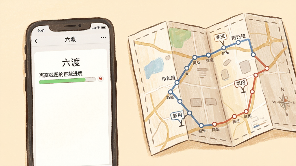 画面主体为一部手机和一张展开的纸质地图,手机屏幕显示“六渡”软件的离线地图下载进度条,地图上标注着站点和路线,布局采用左右对比结构,排版简洁,风格为温暖手绘风,细节有纸张纹理和柔和色彩,画质高清,画面干净,无多余元素