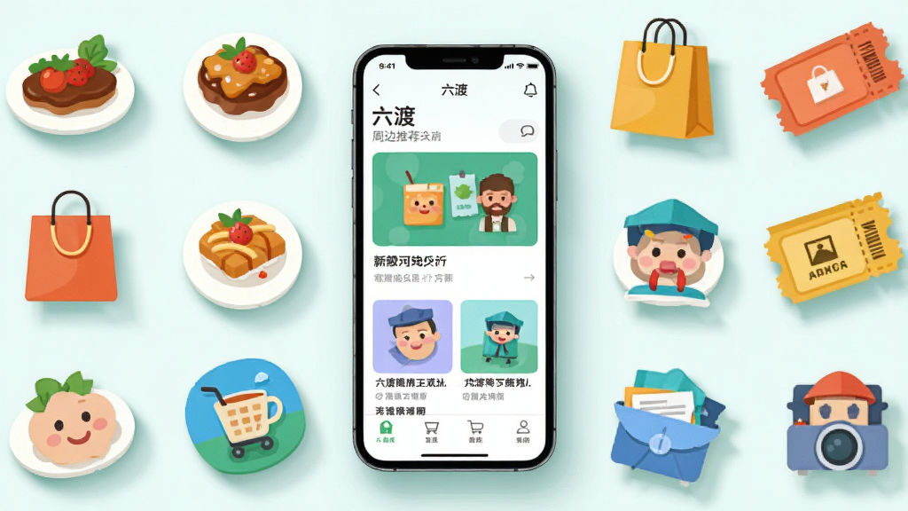 画面采用俯视视角,展示一个手机界面与周围环绕的美食、购物袋、景点门票等生活元素图标,手机屏幕内是“六渡”软件的周边推荐页面,布局为环绕式排版,风格为清新扁平化插画,细节有柔和的阴影和明快的色彩,画质清晰,画面干净,无多余元素