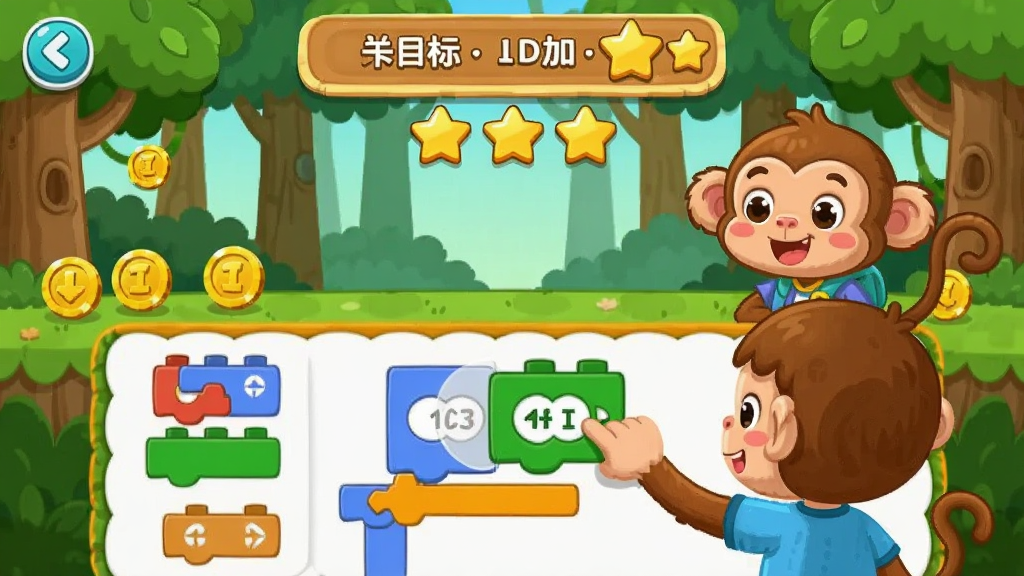 ��ͯ������ɴ��ؽ��棬��������Ϊ��ͨС���Ӻ�ɭ�ֳ������Ϸ���ʾ�ؿ�Ŀ����������֣��·�Ϊ��ľָ����壬����������קһ��ѭ����ľ�������������Ϊ���½ṹ���Ű���ã����Ϊ��ͨ��Ϸ����ϸ�ڰ�����ľ����ҡ���ͷ��Ԫ�أ����ʸ��壬�ɾ����޶���Ԫ��