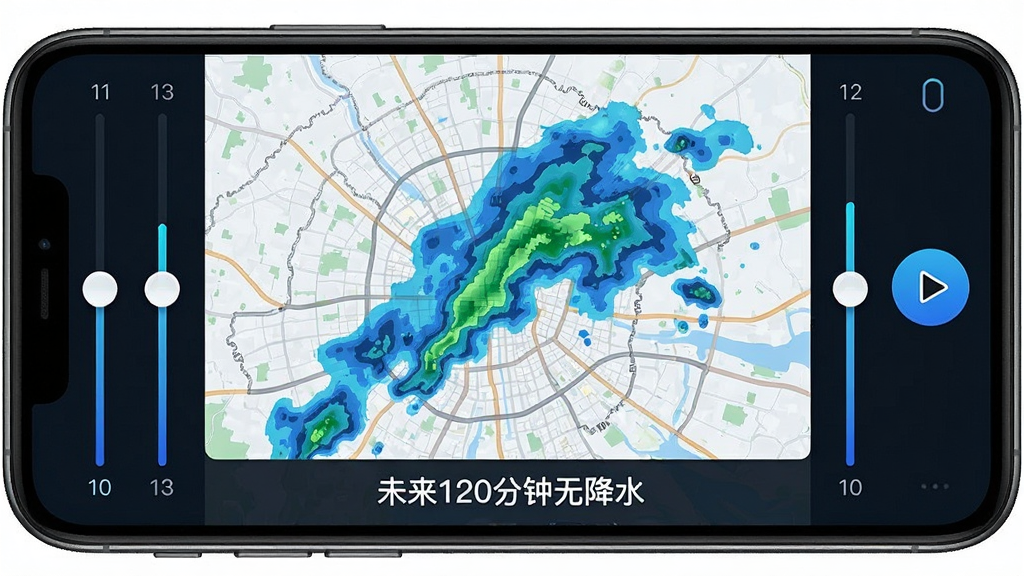 手机界面展示预报天气准的分钟级降水雷达图,屏幕中央为城市地图轮廓,上面覆盖蓝绿色雷达回波色块,下方标注