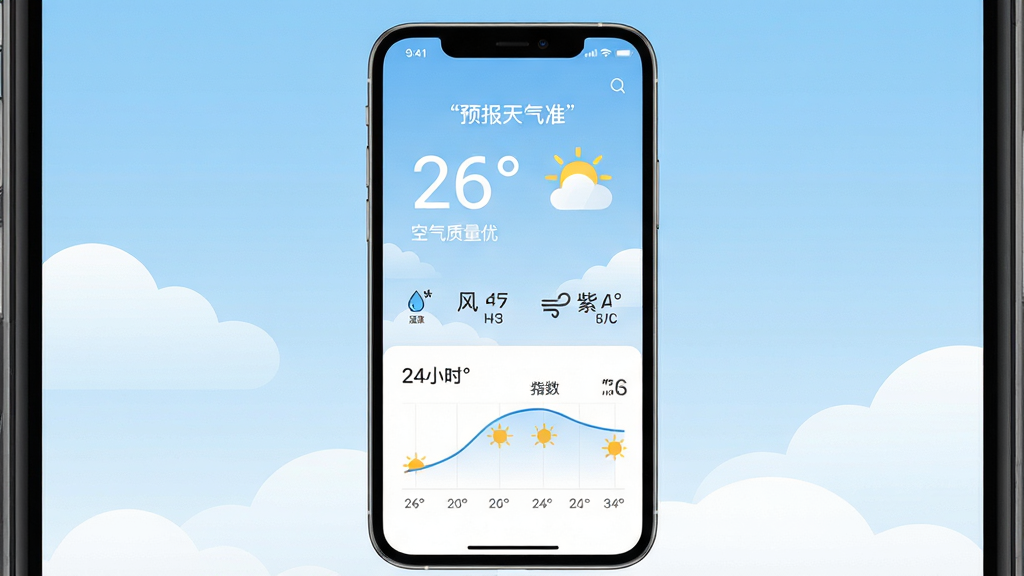 手机屏幕竖版构图,画面中央展示预报天气准应用主界面,清晰显示当前温度26摄氏度、晴转多云图标、空气质量优,下方排列24小时预报曲线图,背景为淡蓝色渐变天空与白云,风格简洁现代扁平化,细节包含湿度、风力、紫外线指数等小图标,画质高清,干净无多余元素,文字使用引号标注