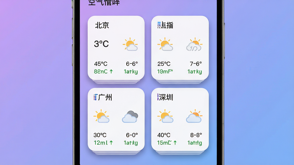 手机屏幕展示预报天气准的多城市管理界面,画面中排列着北京、上海、广州、深圳四个城市天气卡片,每个卡片显示温度、天气图标与空气质量,背景为柔和渐变紫蓝色,风格清新简约,细节包含卡片阴影与圆角设计,画质高清,无多余装饰
