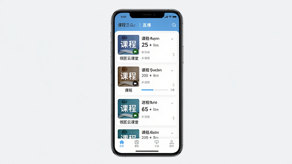 领匠云课堂手机端主界面展示,画面中央是一部竖屏智能手机,屏幕内呈现课程列表与直播入口,布局清晰,排版为上下结构,风格简约教育类,细节包含课程封面、进度条与底部导航栏,画质高清,干净,无多余元素