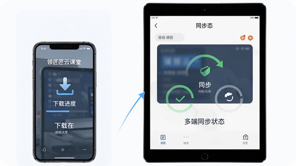 领匠云课堂离线缓存与多端同步功能展示,画面为手机与平板并排放置,两台设备屏幕均显示课程下载进度与同步状态,布局为左右对比,排版清晰,风格科技简约,细节包含下载箭头图标与同步提示文字,画质清晰,干净,无多余元素