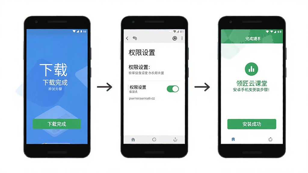 领匠云课堂安卓手机安装步骤示意图,画面为三台手机依次排列,分别展示下载完成、权限设置与安装成功三个界面,布局为横向流程,排版直观,风格扁平化,细节包含安装按钮、权限开关与完成提示,画质清晰,干净,无多余元素