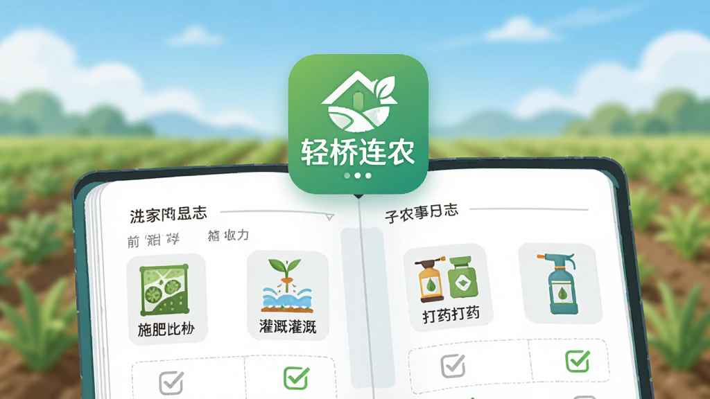 画面主体为一本打开的电子农事日志,页面上浮现“轻桥连农”软件图标,日志内页显示施肥、灌溉、打药等图标与勾选状态。背景为虚化的农田与蓝天。风格为清新扁平插画,布局居中,细节丰富,画质干净,无多余元素。