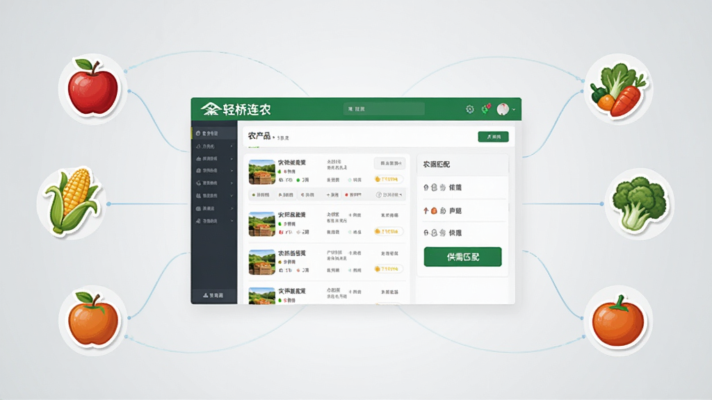 画面中央为“轻桥连农”软件界面截图,展示农产品列表与供需匹配按钮,周围环绕苹果、玉米、蔬菜等农产品图标与连接线。背景为浅灰渐变。风格为商务简洁风,布局对称,画质干净,无多余元素。