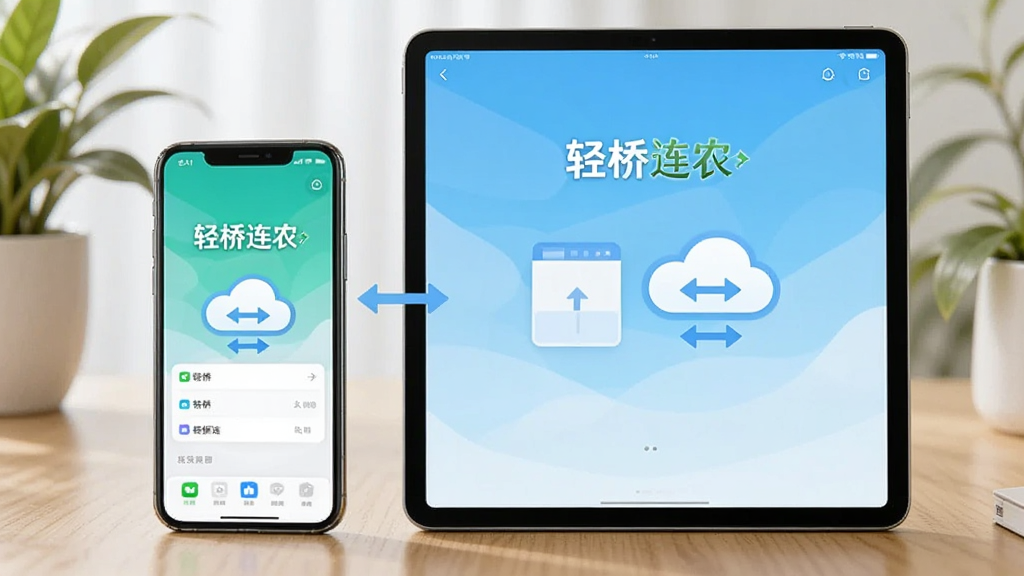 画面展示一部手机与一台平板电脑并排摆放,两台设备屏幕均显示“轻桥连农”应用界面,中间以云朵图标和双向箭头连接。背景为木质桌面与绿植。风格为现代科技感,排版简洁,画质干净,无多余元素。
