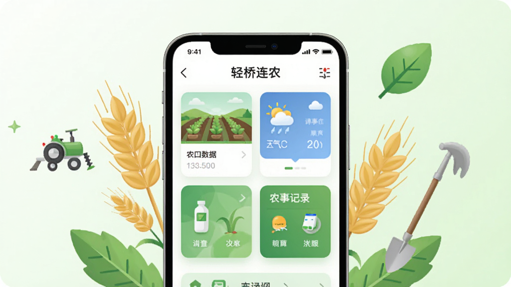 画面中央放置一台智能手机,屏幕上显示“轻桥连农”应用主界面,界面包含农田数据卡片、天气信息与农事记录入口。手机周围环绕麦穗、绿叶与小型农具图标,背景为浅色渐变。整体采用扁平化UI风格,排版简洁清晰,色调以绿色和白色为主,画质干净,无多余元素。