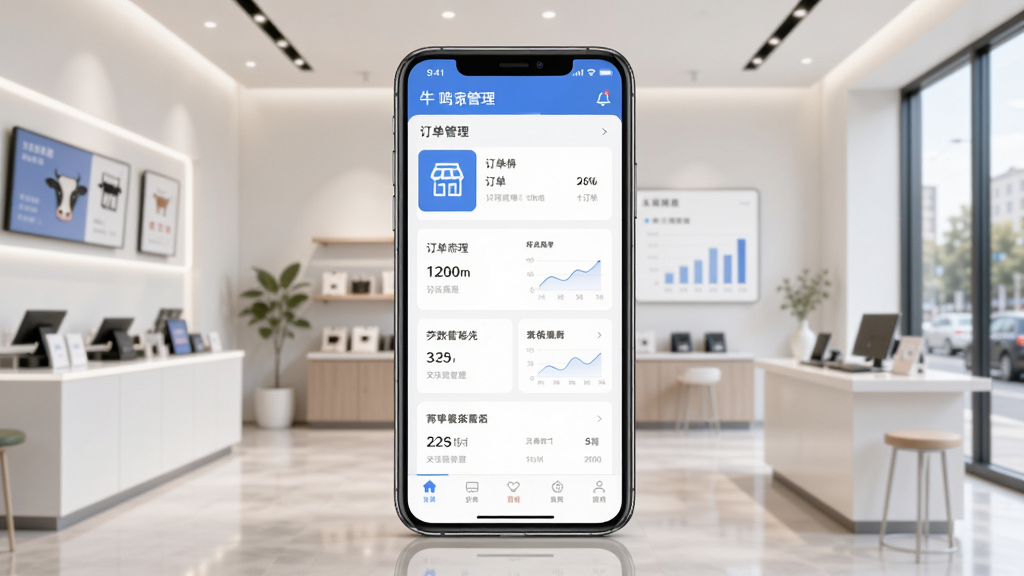 牛鸣同城商家端手机应用界面展示,画面中央是一部智能手机,屏幕上显示商家管理后台的订单列表与数据看板,背景是简洁的现代商铺场景,布局采用居中构图,风格为扁平化科技感,细节包含店铺图标、订单卡片、数据图表等元素,画质清晰干净,无多余元素