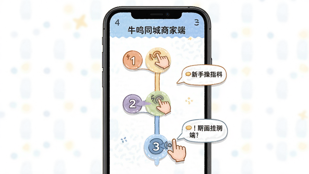 牛鸣同城商家端新手操作指引界面,画面展示手机屏幕中分步引导流程,布局采用纵向步骤条,风格为友好插画风,细节包含步骤序号、操作手势图标、提示气泡,画质清晰干净,无多余元素