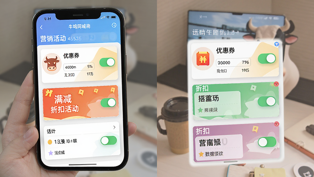 牛鸣同城商家端营销活动配置界面,画面展示手机屏幕中优惠券、满减、折扣等活动模块的开关与参数设置,布局采用卡片式列表,风格为明亮活泼的电商风,细节包含活动图标、开关按钮、数据预览,画质清晰干净,无多余元素