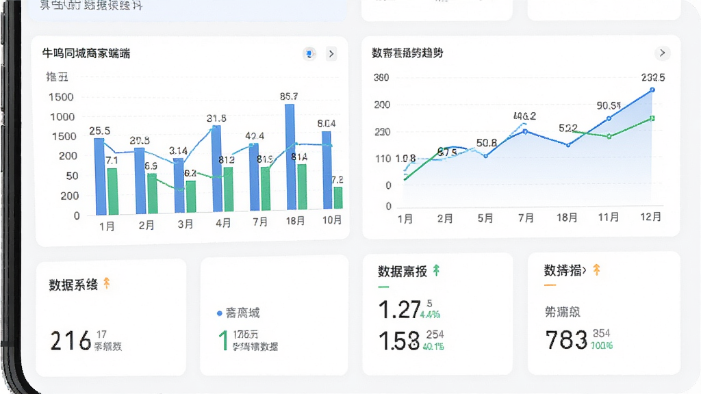 牛鸣同城商家端数据报表界面,画面展示手机屏幕中柱状图、折线图与数据卡片组合,布局采用网格化排版,风格为简洁数据可视化风,细节包含坐标轴、数据标签、趋势线,画质清晰干净,无多余元素