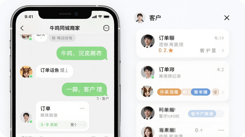 牛鸣同城商家端即时聊天与客户管理界面,画面展示手机聊天窗口与客户标签列表,布局采用左右分栏,风格为柔和圆角设计,细节包含聊天气泡、订单卡片、客户头像与标签色块,画质清晰干净,无多余元素