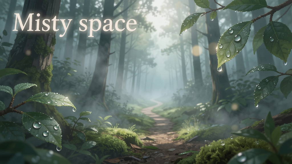һ���� Misty space ����ʽ��Χ�ռ�Ϊ����� AI ��ͼ������������һƬ�������Ƶ�ɭ�֣��ּ���һ��С��ͨ��Զ�������沼�ֲ�������͸�ӣ��Ű����ڻ������Ͻ����������д�� 