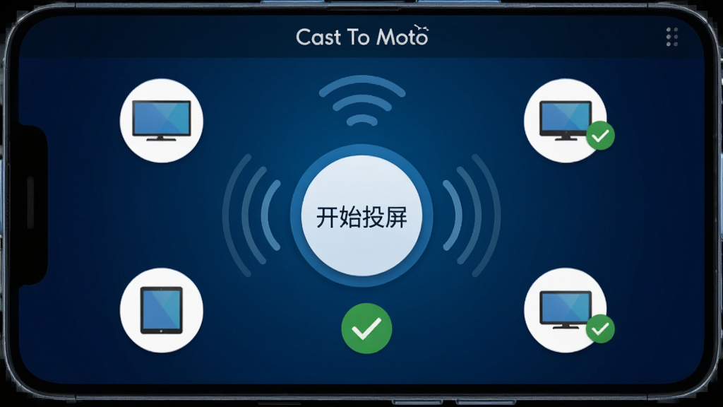һ����׿�ֻ���Ļ��ʾCast To Moto�������棬����������һ����Ŀ�ġ���ʼͶ����Բ�ΰ�ť����ť��Χ�����ŵ��ӡ�ƽ�塢���Ե��豸ͼ�꣬����Ϊ����ɫ����Ƽ���񣬲��־��жԳƣ�ϸ�ڰ��������źŲ��ƺ����ӳɹ�����ɫ�Թ������ʸ��壬�ɾ����޶���Ԫ��