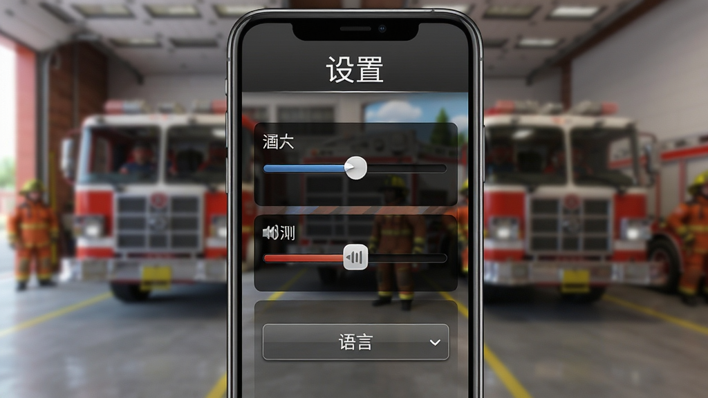 ����Ϊ�ֻ���Ļ��ʾFirefighter Simulator��Ϸ���ý��棬����Ϊ�����ֳ��ӽǣ��ֻ�λ�ڻ������룬������ģ��������վ�������Ű����ڻ��涥��д