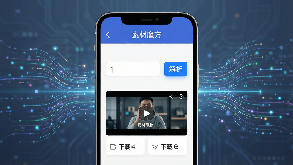 一张展示手机屏幕的图片,屏幕中显示“素材魔方”软件的链接解析界面。界面中央是一个输入框,旁边有一个醒目的“解析”按钮,下方显示视频封面和下载选项。手机周围有代表数据流动的光线线条,风格简洁科技感,排版清晰,画质高清,干净,无多余元素,屏幕上清晰显示“素材魔方”字样。