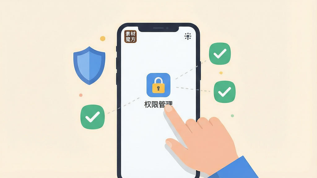 一张展示手机安全设置界面的插画。画面中一只手正在点击手机屏幕上的“权限管理”图标,屏幕旁边漂浮着盾牌、锁、勾选标记等安全符号。背景是柔和的米白色,风格扁平化设计,排版简洁明了,画质高清,干净,无多余元素,手机屏幕角落显示“素材魔方”小图标。