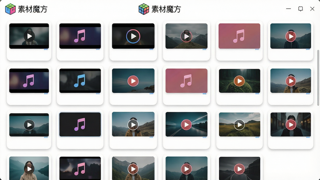 一张展示“素材魔方”软件本地素材库界面的图片。界面采用网格布局,整齐排列着视频、音乐、图片的缩略图卡片。背景为干净的白色,卡片带有轻微的阴影效果,风格清爽整洁,排版有序,画质高清,干净,无多余元素,界面顶部显示“素材魔方”Logo。