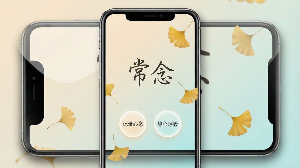 一张展示手机屏幕的图片,屏幕中央显示“常念”应用的主界面,界面风格柔和淡雅,背景是浅米色与淡青色渐变,界面中央有一行手写体文字“常念”,下方有“记录心念”和“静心呼吸”两个圆形按钮,按钮边缘有微光效果,周围环绕着几片飘落的银杏叶,整体布局简洁居中,风格治愈温暖,细节上屏幕边缘有轻微阴影和反光,画质清晰,干净,无多余元素