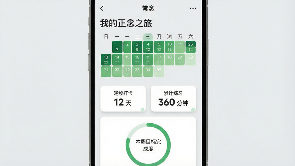 一张手机应用界面图片,画面展示“常念”应用的习惯统计页面,页面顶部有“我的正念之旅”标题,下方是一个横向的日历热力图,用深浅不同的绿色方块表示每日练习时长,日历下方有两个数据卡片分别显示“连续打卡 12 天”和“累计练习 360 分钟”,页面底部有一个圆形进度条显示本周目标完成度,整体布局为上下结构,风格清新自然,背景为浅灰色,细节上卡片有圆角和轻微投影,画质清晰,干净,无多余元素