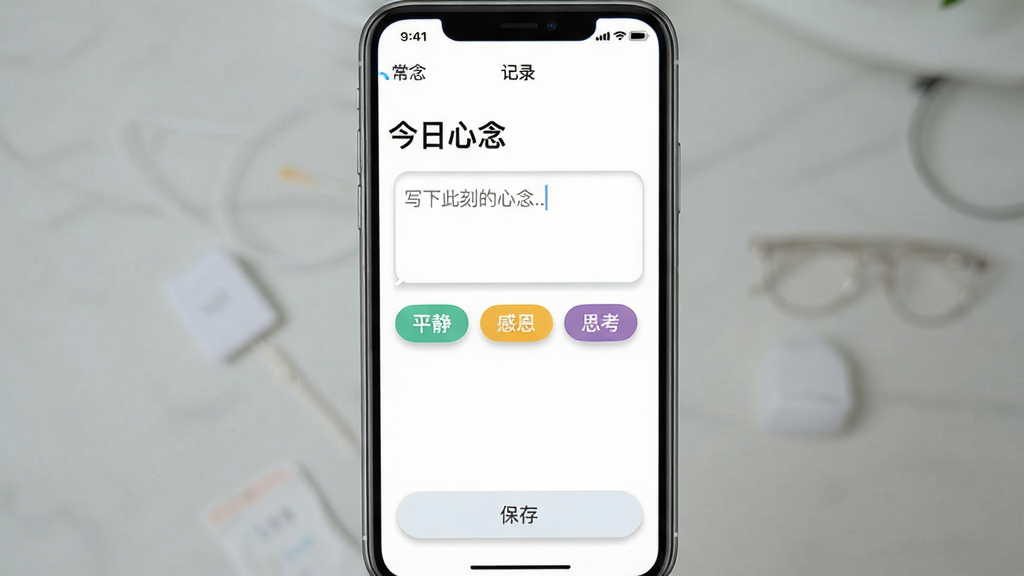 一张手机应用界面截图风格的图片,画面中央是“常念”应用的记录页面,页面顶部有“今日心念”标题,下方是一个文本输入框,输入框内有浅灰色提示文字“写下此刻的心念...”,输入框下方有三个彩色标签按钮分别写着“平静”、“感恩”、“思考”,页面底部有保存按钮,整体布局为上下结构,风格简约清新,背景为纯白色,细节上按钮有微小圆角和柔和阴影,画质清晰,干净,无多余元素