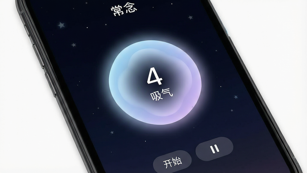 一张手机屏幕特写图片,屏幕显示“常念”应用的呼吸练习界面,画面中央是一个缓慢膨胀和收缩的圆形光晕,光晕内部显示数字“4”和“吸气”字样,光晕颜色为淡蓝色到淡紫色的渐变,背景为深色夜空风格,点缀着几颗微弱的星星,界面底部有开始和暂停按钮,整体布局居中对称,风格宁静深邃,细节上光晕边缘有柔和的发光效果,画质清晰,干净,无多余元素