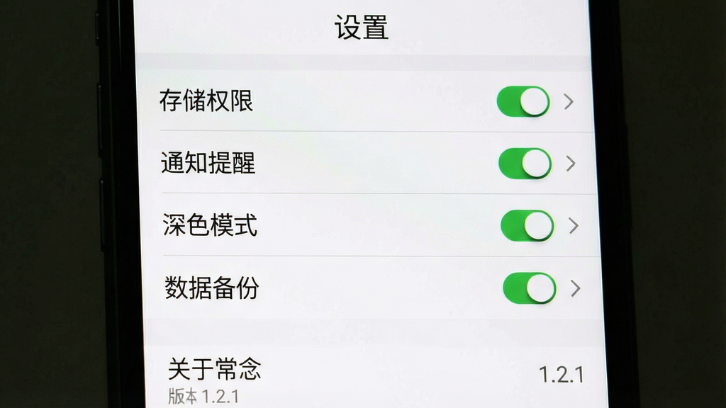 一张手机屏幕截图风格的图片,画面展示“常念”应用的设置页面,页面顶部有“设置”标题,下方依次排列着“存储权限”、“通知提醒”、“深色模式”、“数据备份”等选项,每个选项右侧有开关按钮或箭头图标,页面底部有“关于常念”和版本号“1.2.1”字样,整体布局为列表结构,风格简洁明了,背景为白色,细节上列表项之间有浅灰色分割线,画质清晰,干净,无多余元素