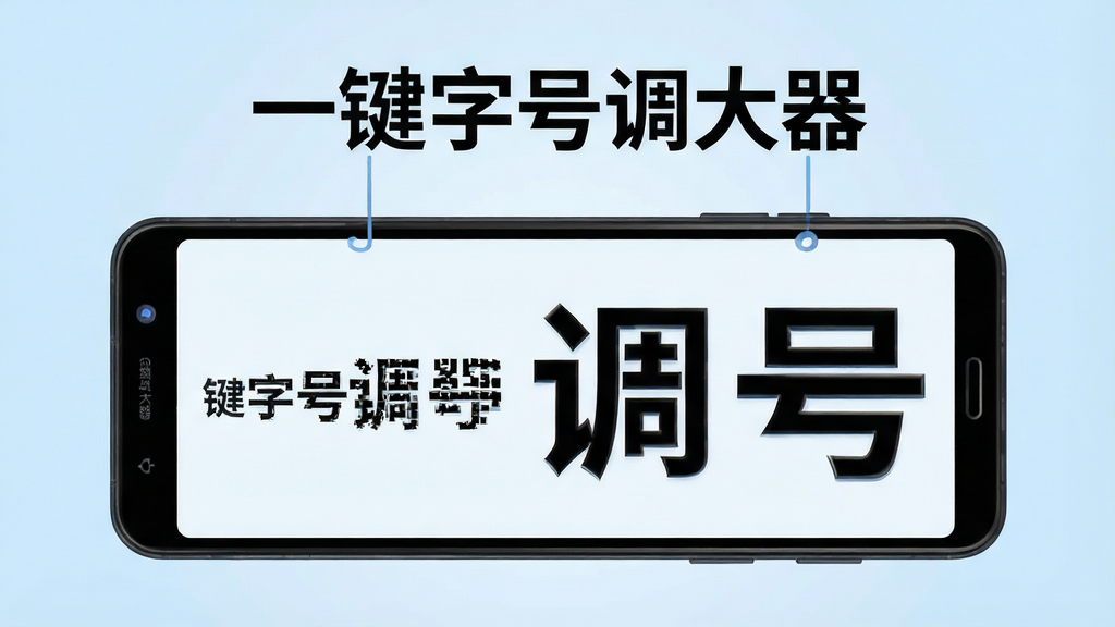 一张展示智能手机屏幕的图片,画面中央是一部安卓手机,手机屏幕上显示着大小不同的文字对比效果,左侧文字较小,右侧文字明显放大加粗,屏幕上方漂浮着“一键字号调大器”字样,背景为干净的浅蓝色渐变,布局简洁居中,风格为现代科技感扁平插画,细节包括手机边框、文字清晰锐利、界面元素整齐,画质高清,干净无多余元素