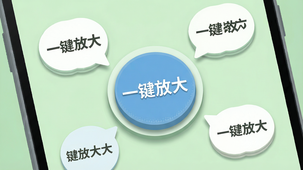 一部安卓手机特写,屏幕显示一键字号调大器的操作界面,中央有一个醒目的圆形按钮,按钮上写着“一键放大”,周围环绕着不同字号大小的文字预览气泡,背景为柔和的浅绿色,风格为清新扁平化UI插画,细节包括按钮的阴影质感、文字气泡的层次感,画质清晰,干净无多余元素