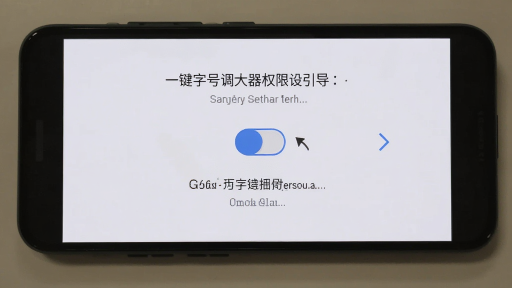 一部安卓手机屏幕显示一键字号调大器的权限设置引导页面,页面上有清晰的权限开关图标和文字说明,背景为浅白色,风格为简洁明了的引导页设计,细节包括权限图标和箭头指示,画质清晰,干净无多余元素