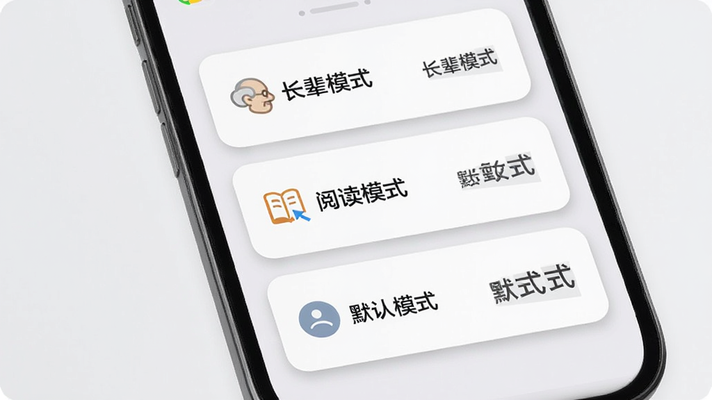 一部手机屏幕展示一键字号调大器的预设方案界面,屏幕上排列着三个圆角卡片,分别标注“长辈模式”“阅读模式”“默认模式”,每个卡片旁边有对应的文字大小示意图,背景为浅灰色,风格为简约卡片式UI设计,细节包括卡片的阴影和图标,画质高清,干净无多余元素
