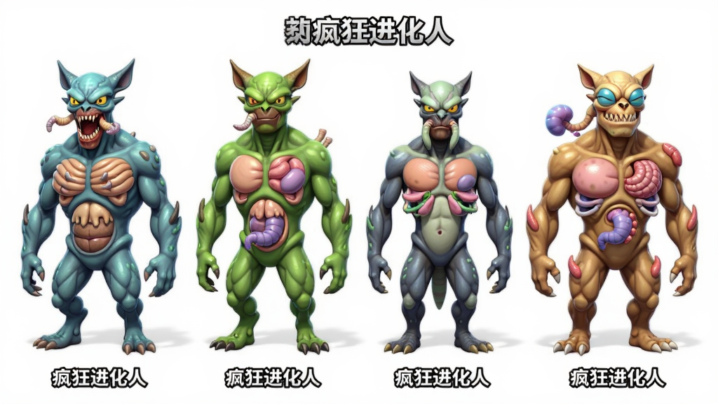 画面主体为“疯狂进化人”游戏中的多个进化形态并排展示,布局采用横版排列,排版上每个形态下方标注进化名称,风格为卡通渲染风格,细节包括不同生物的器官特征、颜色变化、体型差异,画质高清,背景干净,无多余元素