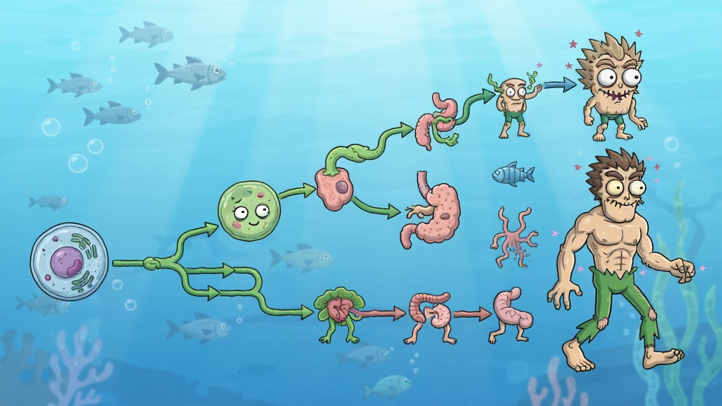 画面中央是一个从单细胞到复杂生物的进化链条,主体为“疯狂进化人”游戏角色从简单到复杂的形态变化,布局采用从左到右的进化树排版,风格为卡通魔性搞笑风格,细节包括细胞分裂、器官生长、四肢发育等阶段,背景为浅蓝色渐变海洋环境,画质高清,画面干净,无多余元素