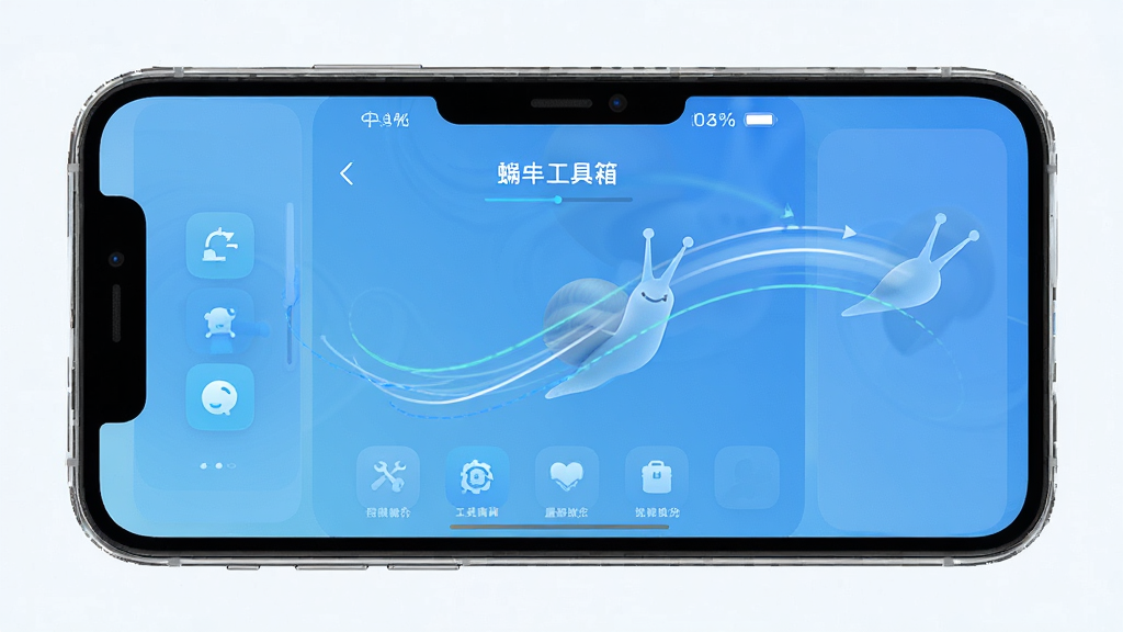 一张展示蜗牛工具箱轻量高效特点的预览图,主体为手机屏幕显示应用运行流畅的界面,布局为手机正面特写居中,排版简洁,风格为清爽明快,细节上屏幕中有流畅的动画轨迹线条,画质高清干净无多余元素