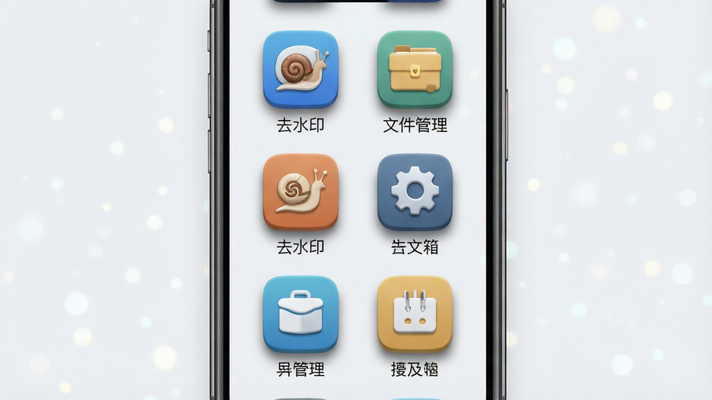 一张展示蜗牛工具箱应用界面的预览图,主体为手机屏幕中显示的功能图标网格布局,包含去水印、文件管理等工具图标,布局居中清晰,排版整齐,风格为简约科技感,细节上图标带有轻微立体阴影,画质高清干净无多余元素