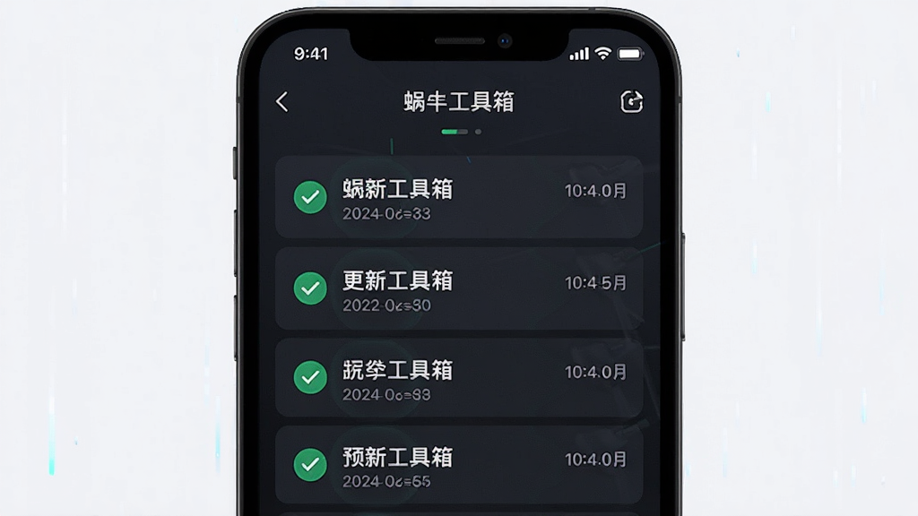 一张展示蜗牛工具箱持续更新特点的预览图,主体为手机屏幕显示版本更新日志界面,布局为手机正面居中,排版清晰,风格为科技感,细节上更新列表带有对勾图标和日期标注,画质高清干净无多余元素
